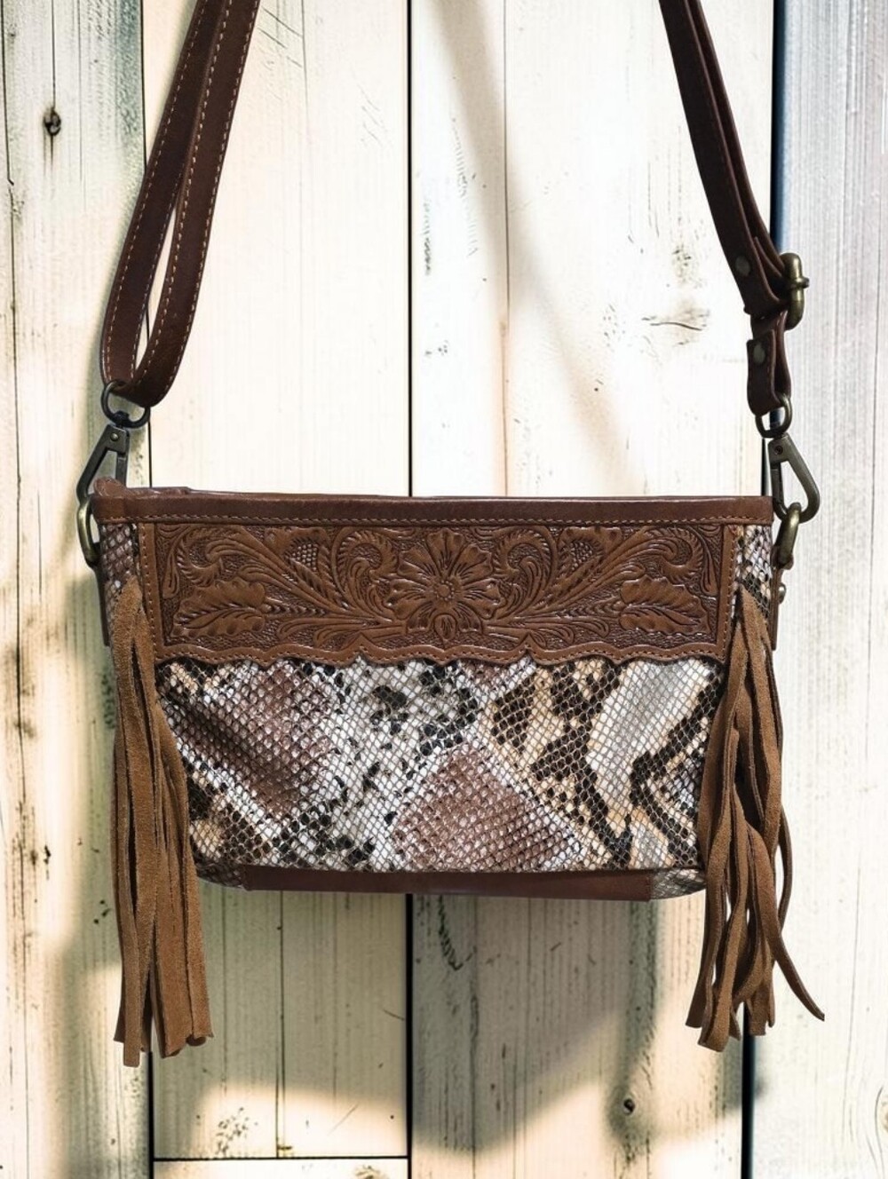 Shyanne Tooled Snake-Embossed Brown Leather Western Style Crossbody Shoulder Bag